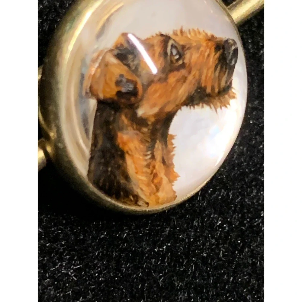 Antique 14K Gold Essex Crystal Airedale Terrier Dog Reverse Intaglio Bar Pin